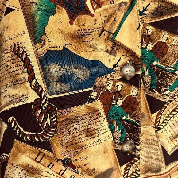 August Silk Vintage Print Blouse L - 100% Silk, History-Inspired Collage Pattern - Picture 3 of 9